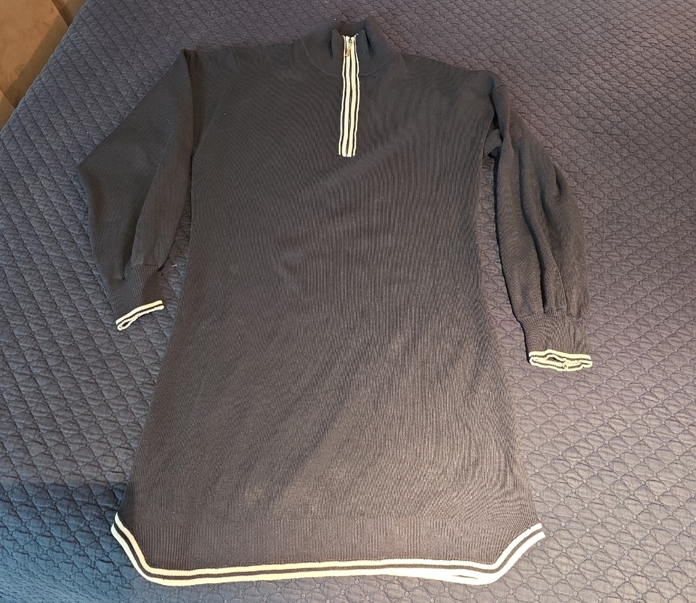 Navy Long Sleeve Knit Dress with White Trim